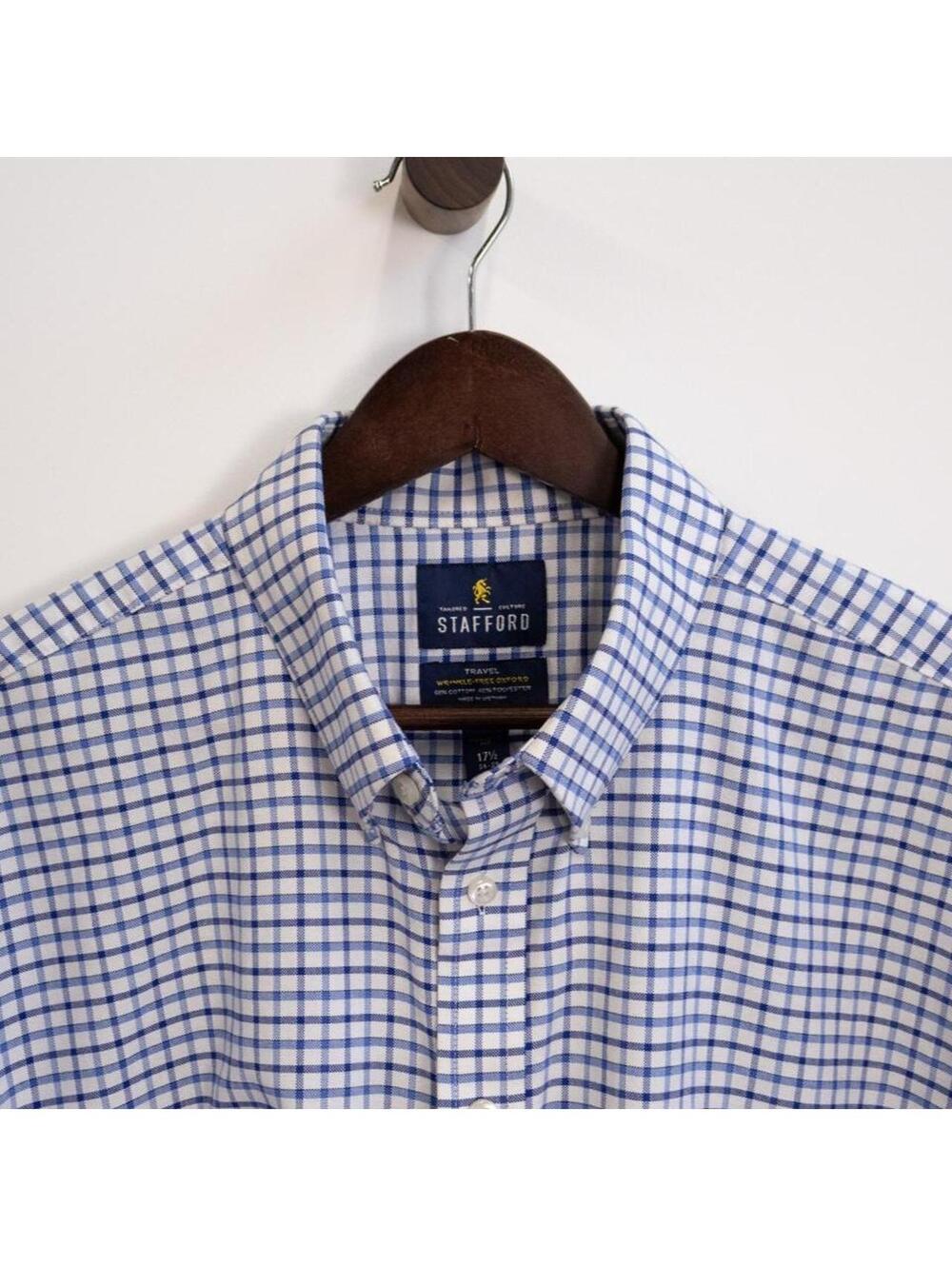 Stafford Travel Blue Check Dress Shirt 17½ 34/35